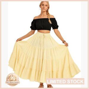 Boho Cotton Maxi Skirt Tiered Pleated Tribal Dance Festival A-Line Flowy